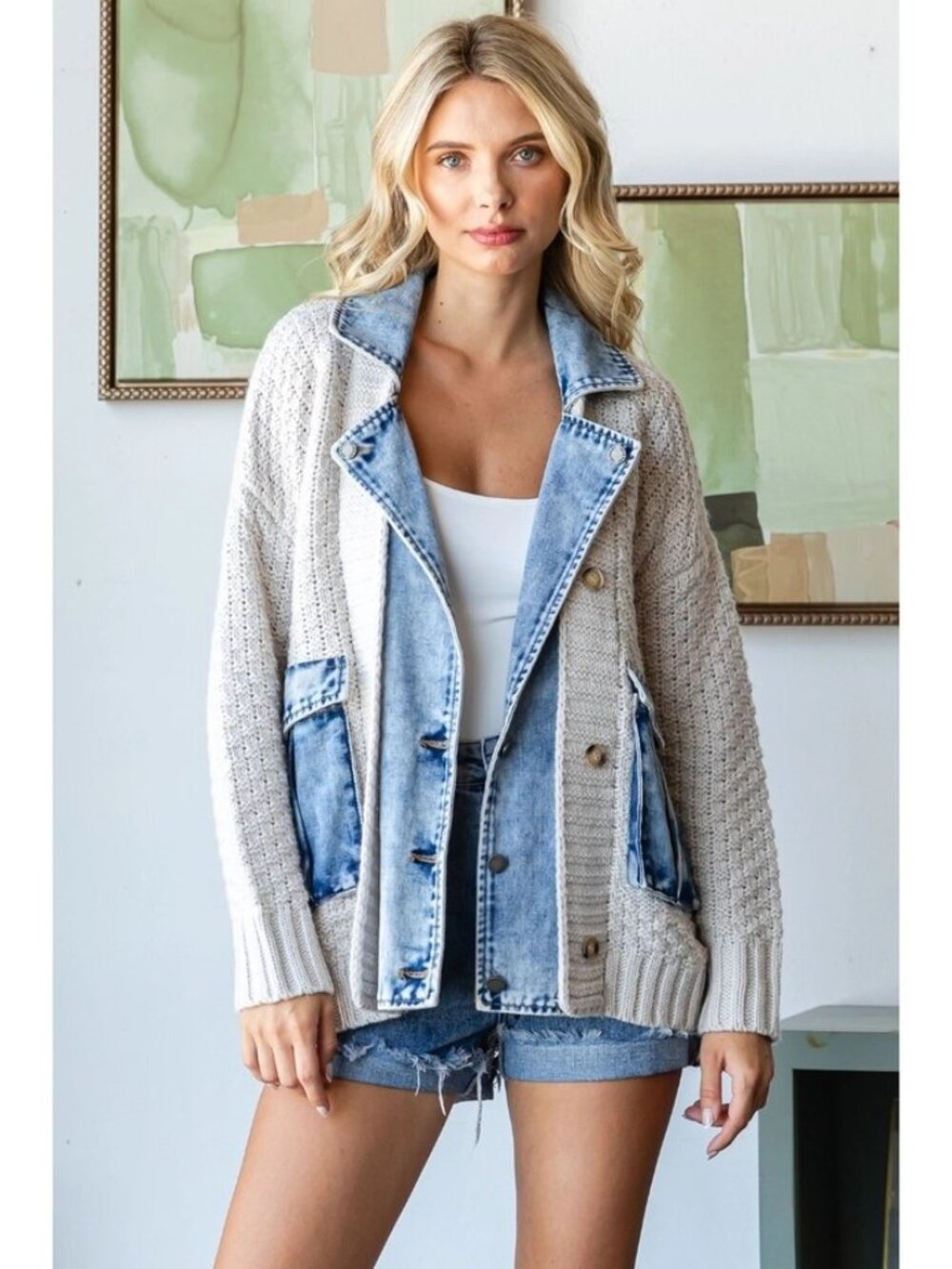 Knit Body Denim Layerd Jacket S-L